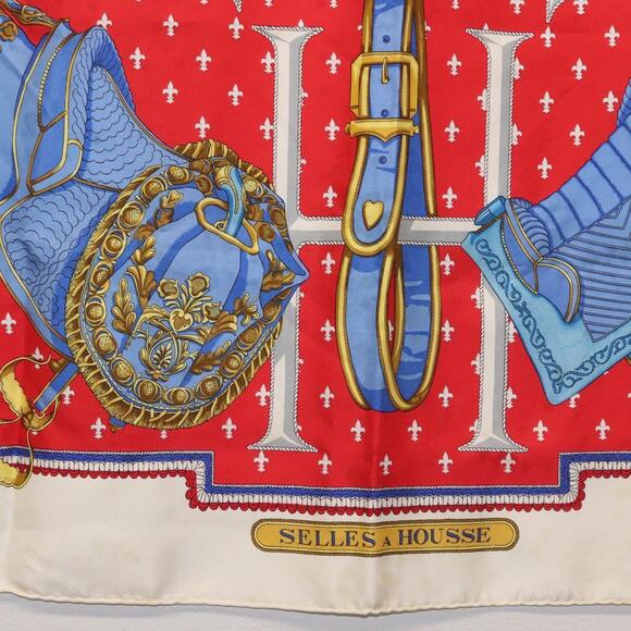 HERMES Carre 90 Scarf ""SELLES A HOUSSE"" Silk Red Auth am9081 - Picture 10 of 14